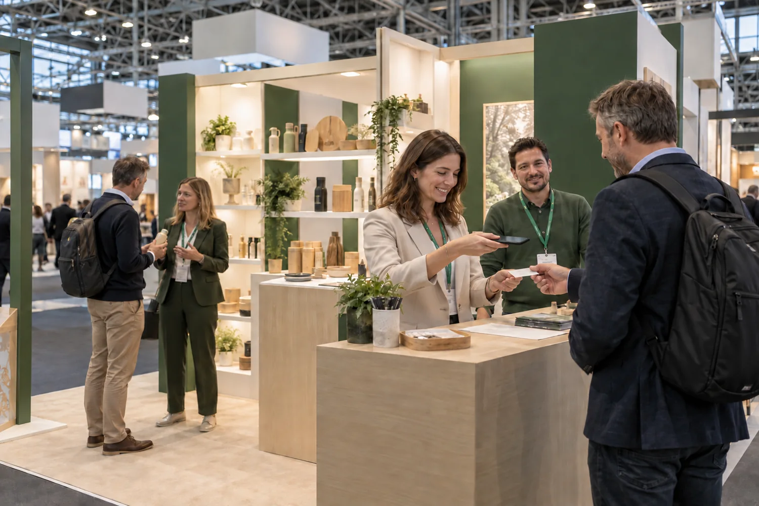 An exhibitor scanning a visitor’s business card at a trade fair stand