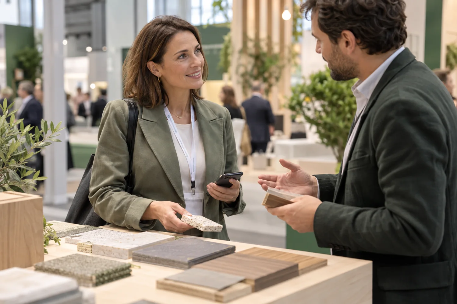 A buyer discussing product samples at a supplier’s exhibition booth