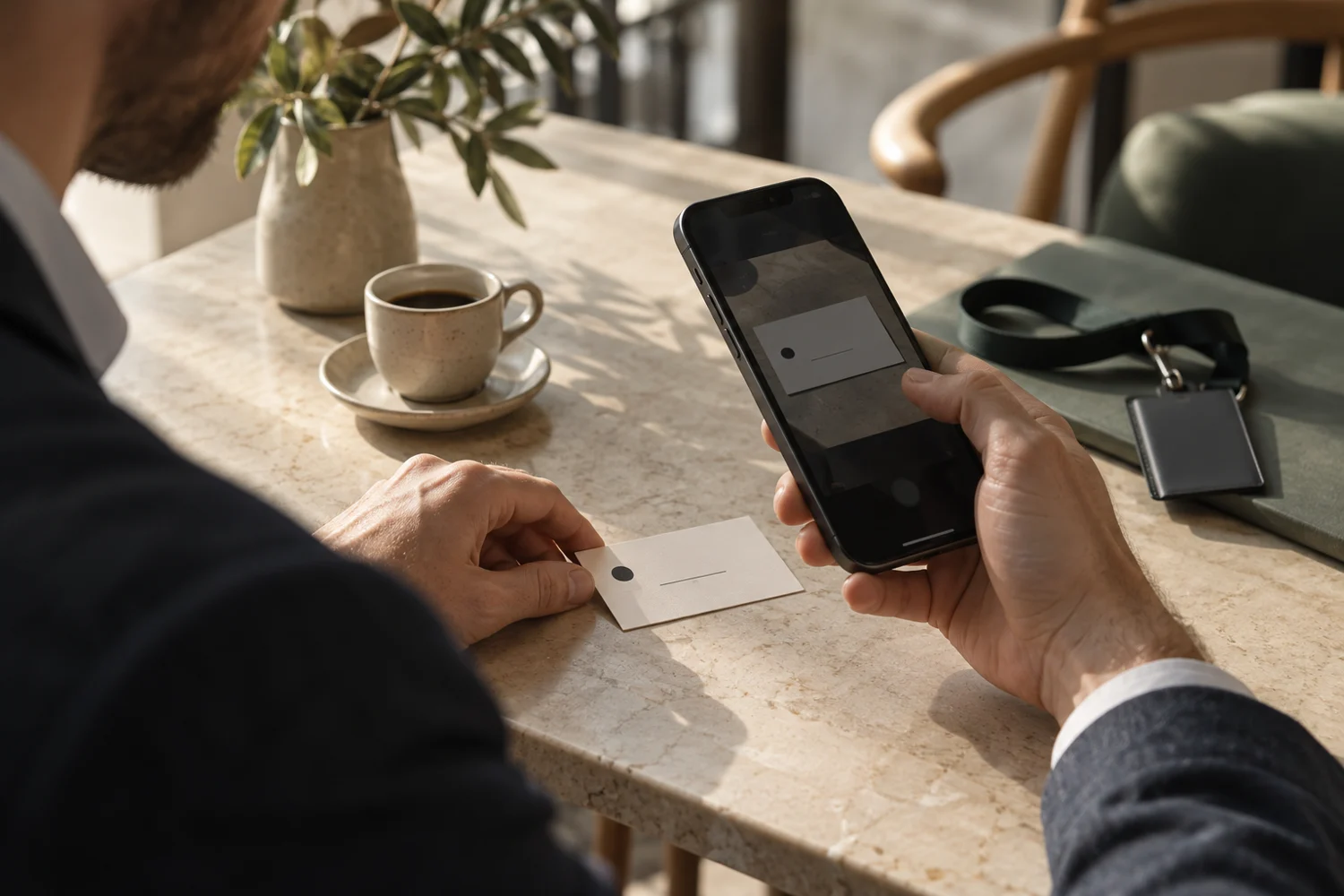 A smartphone held above a business card on a café table