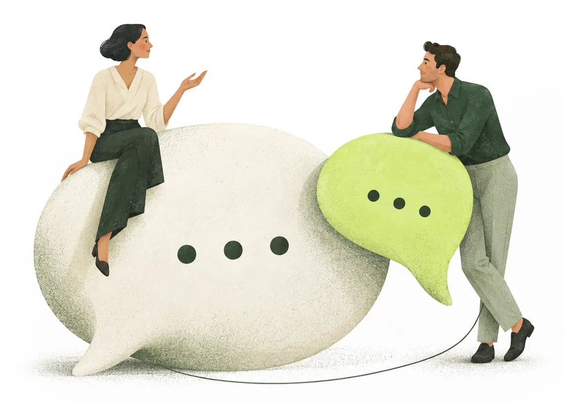Illustration of two people in conversation around a cream and a lime speech bubble.