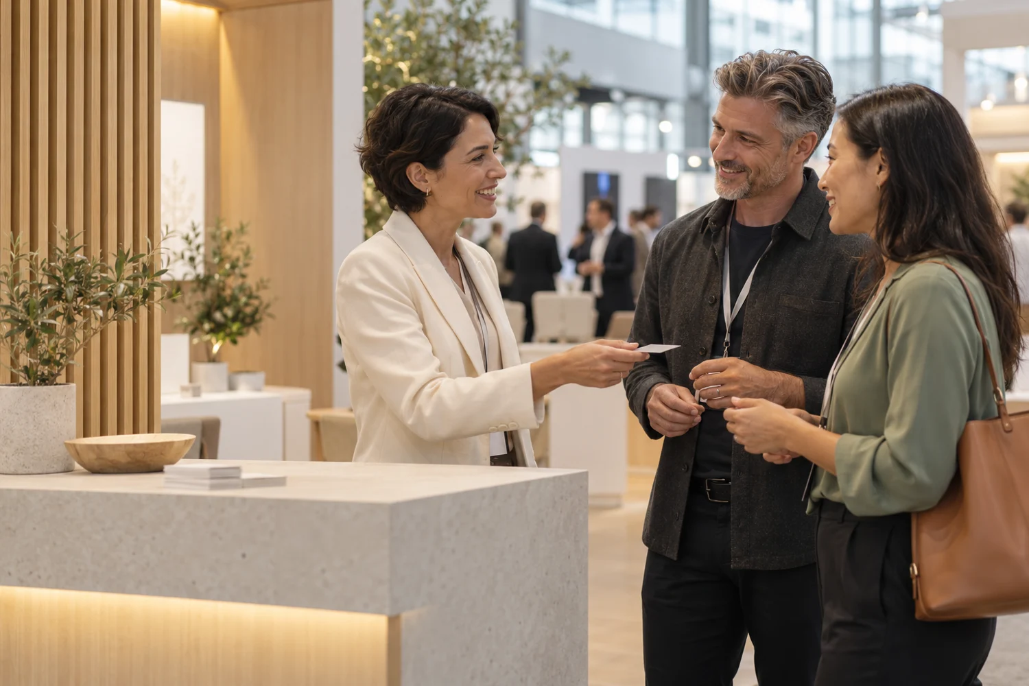 Three professionals exchanging details at a modern exhibition booth