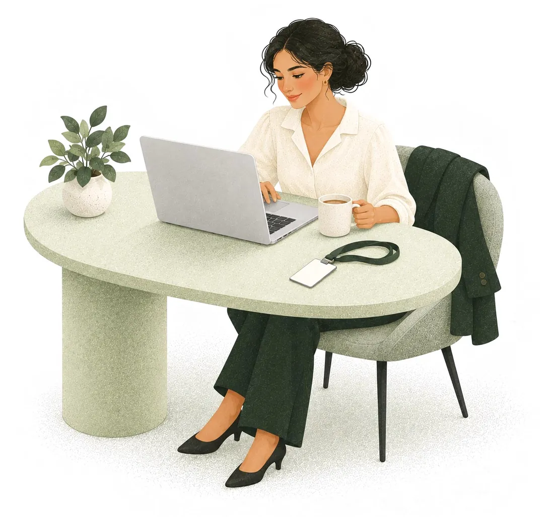 Illustration of a woman at her desk the evening after the show, reviewing the event on her laptop, her badge on the table.