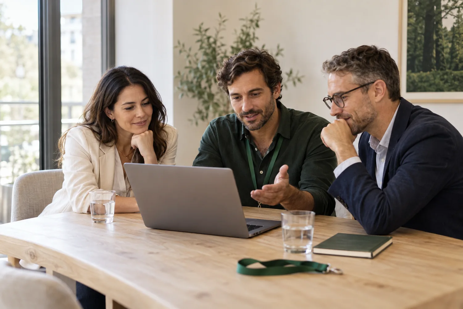 A sales team reviewing event contacts together on a laptop