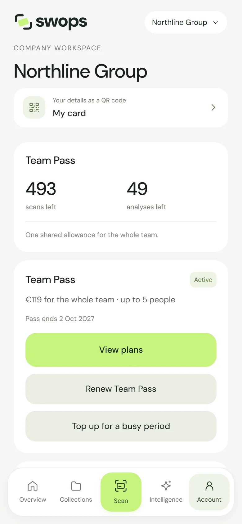 The Team Pass plan card in Account