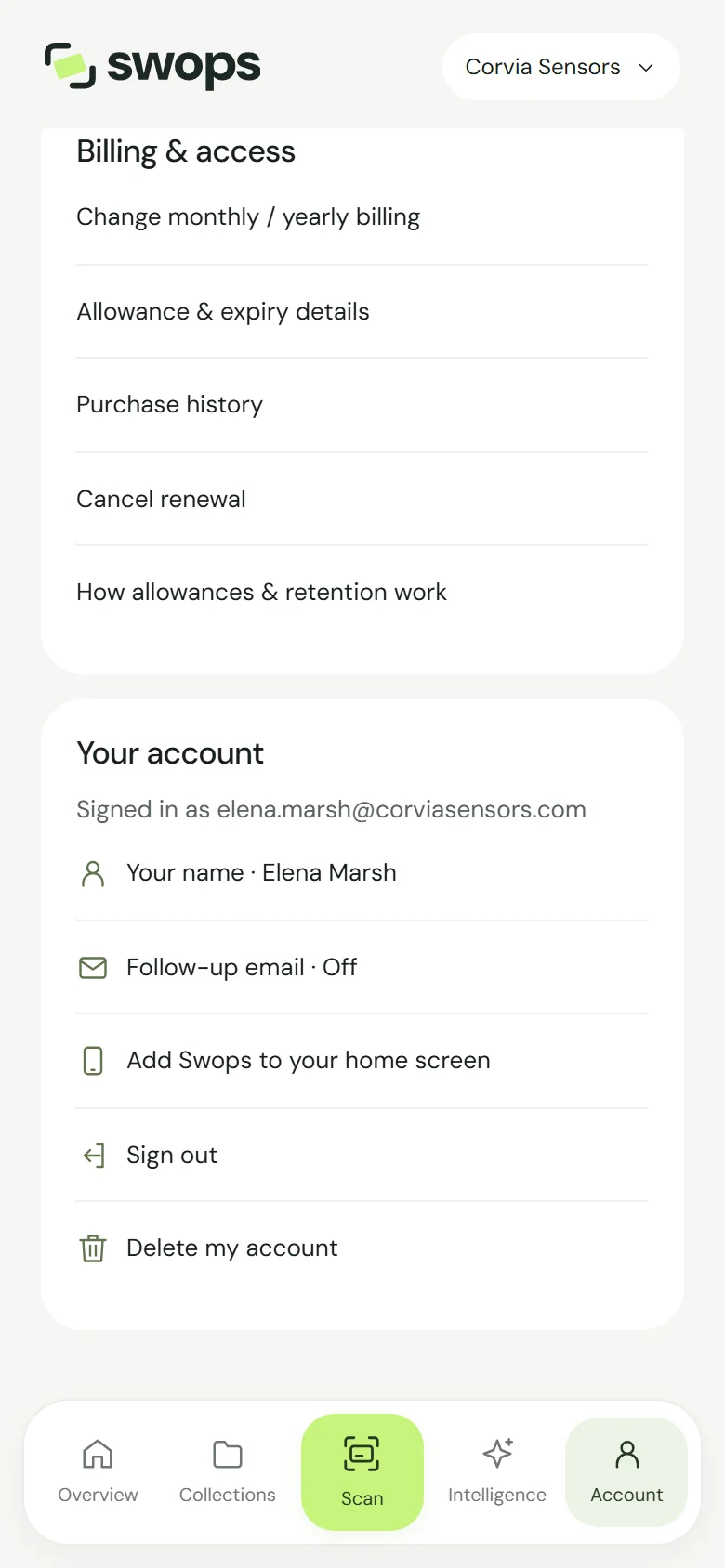 The Your account section on the phone