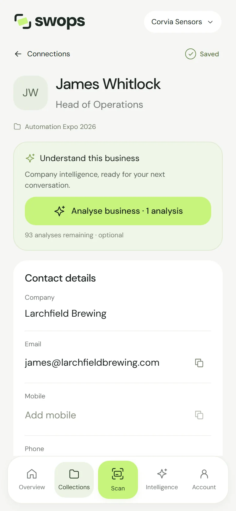 A saved contact with the Analyse business button