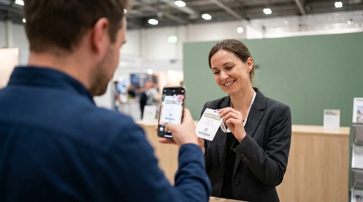 An exhibitor scans a visitor's conference badge with a phone