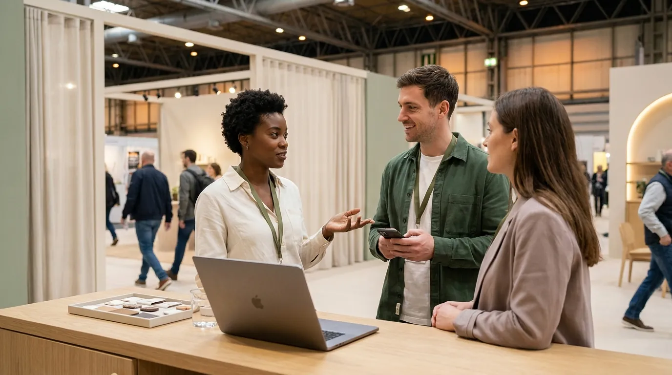 A booth team coordinates around a laptop at their stand