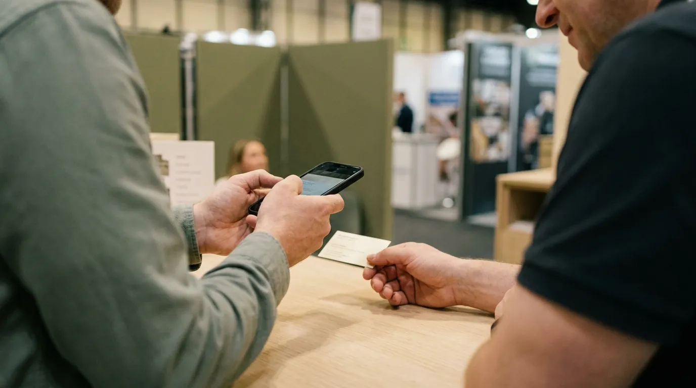 At a stand counter, one person holds out a business card while another holds a phone