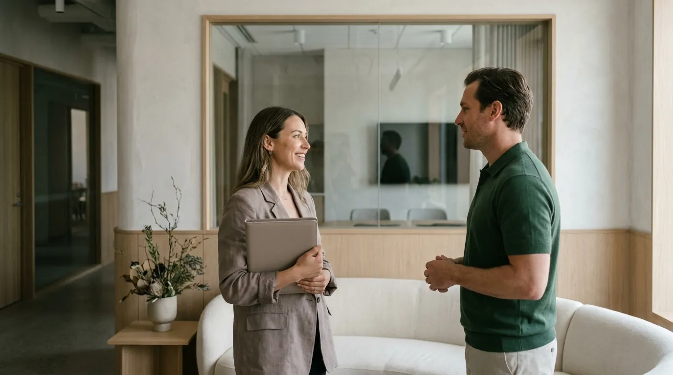 A woman greets a client in a modern office