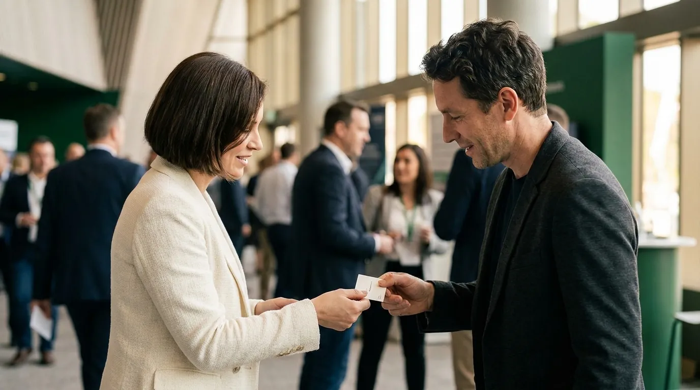 Two professionals exchange business cards at a busy conference