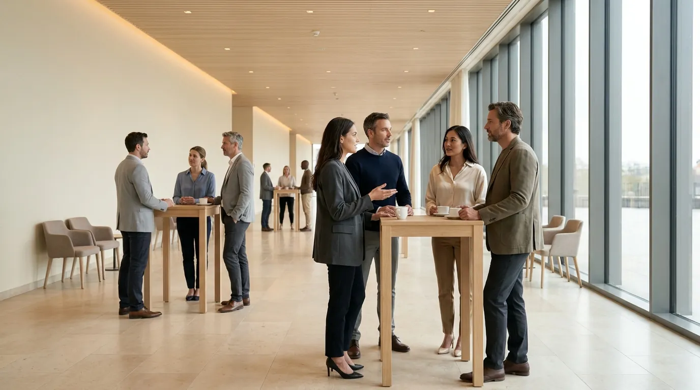 People networking at standing tables in a conference foyer