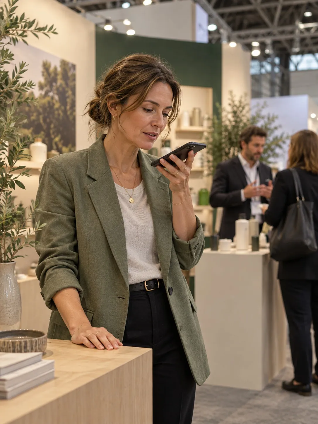 An exhibitor in a green blazer speaks a note into her phone at her stand