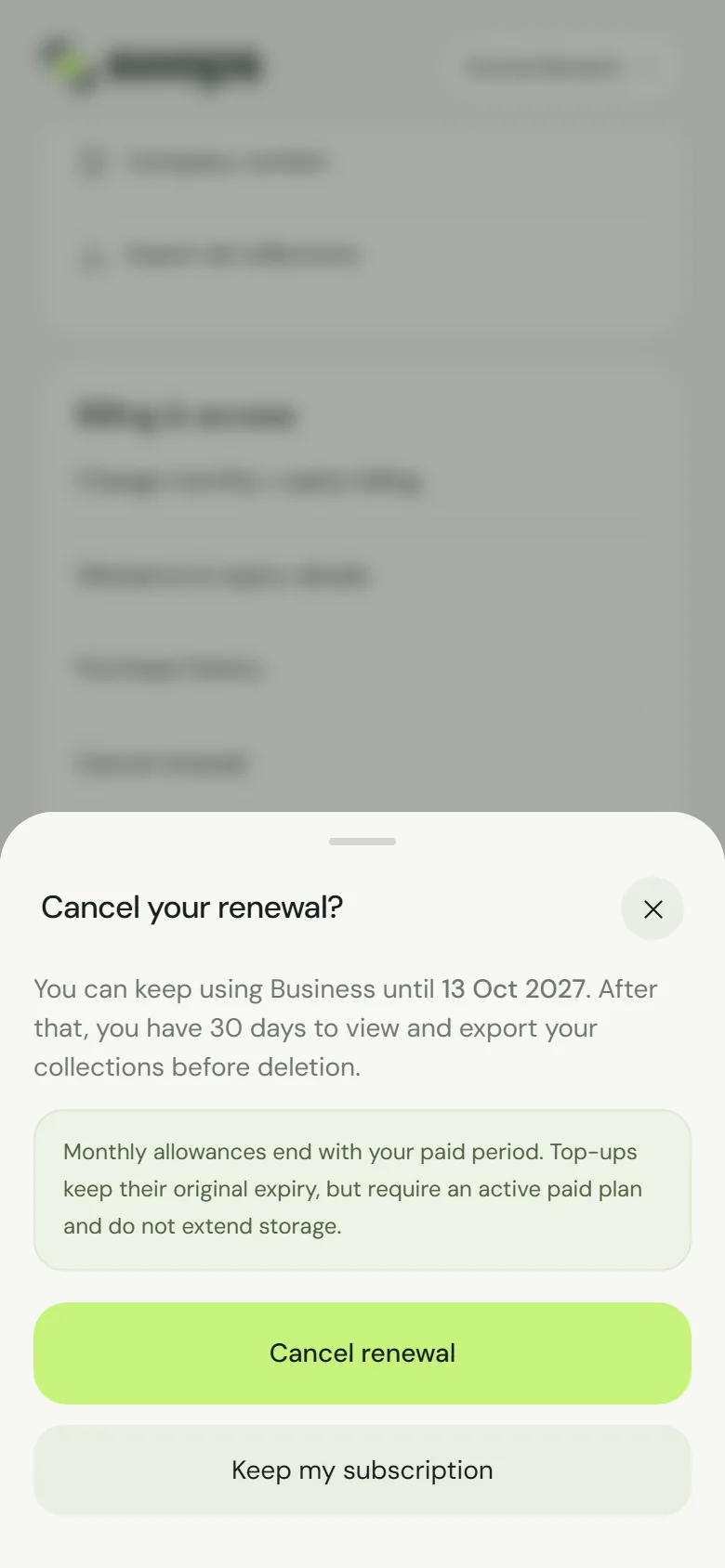 The cancel renewal confirmation