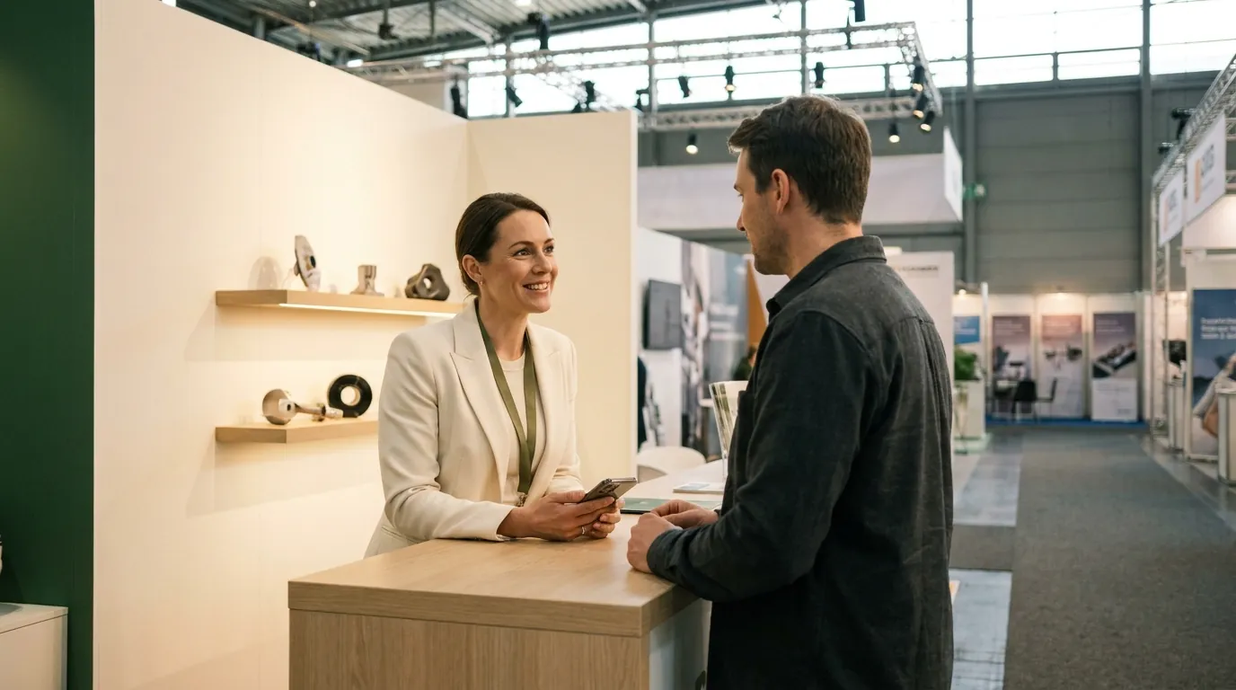 An exhibitor in conversation with a visitor at a trade fair