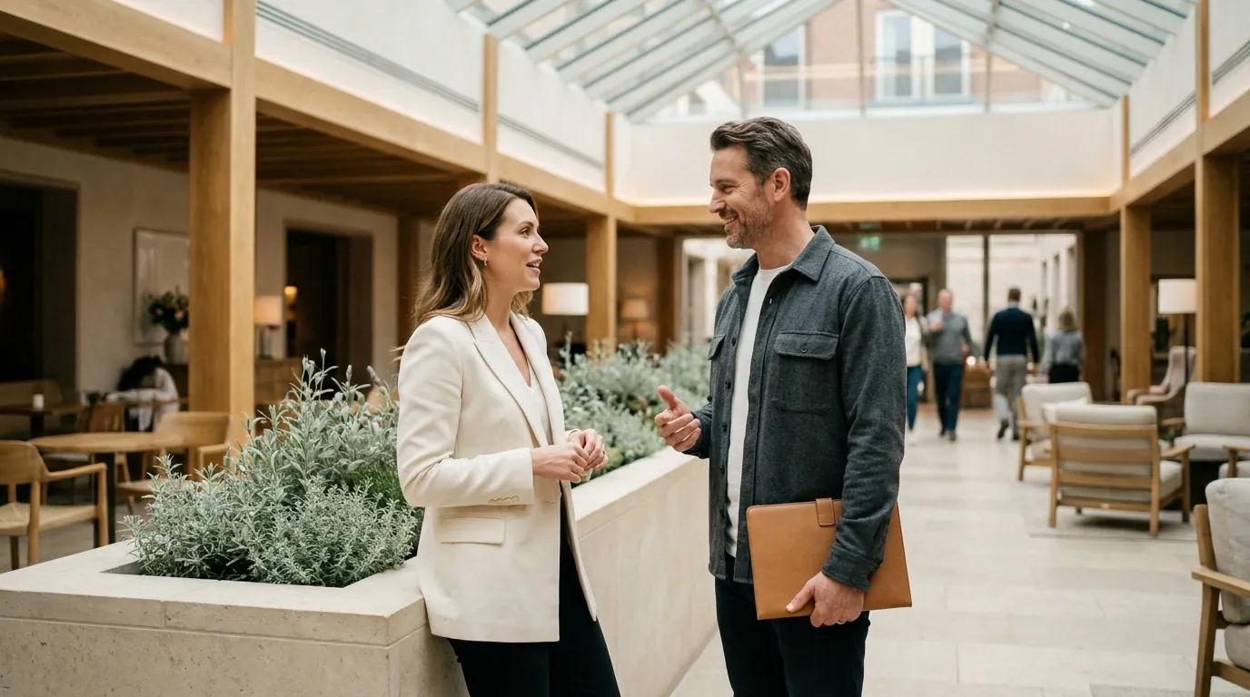 Two professionals meeting in a bright hotel atrium