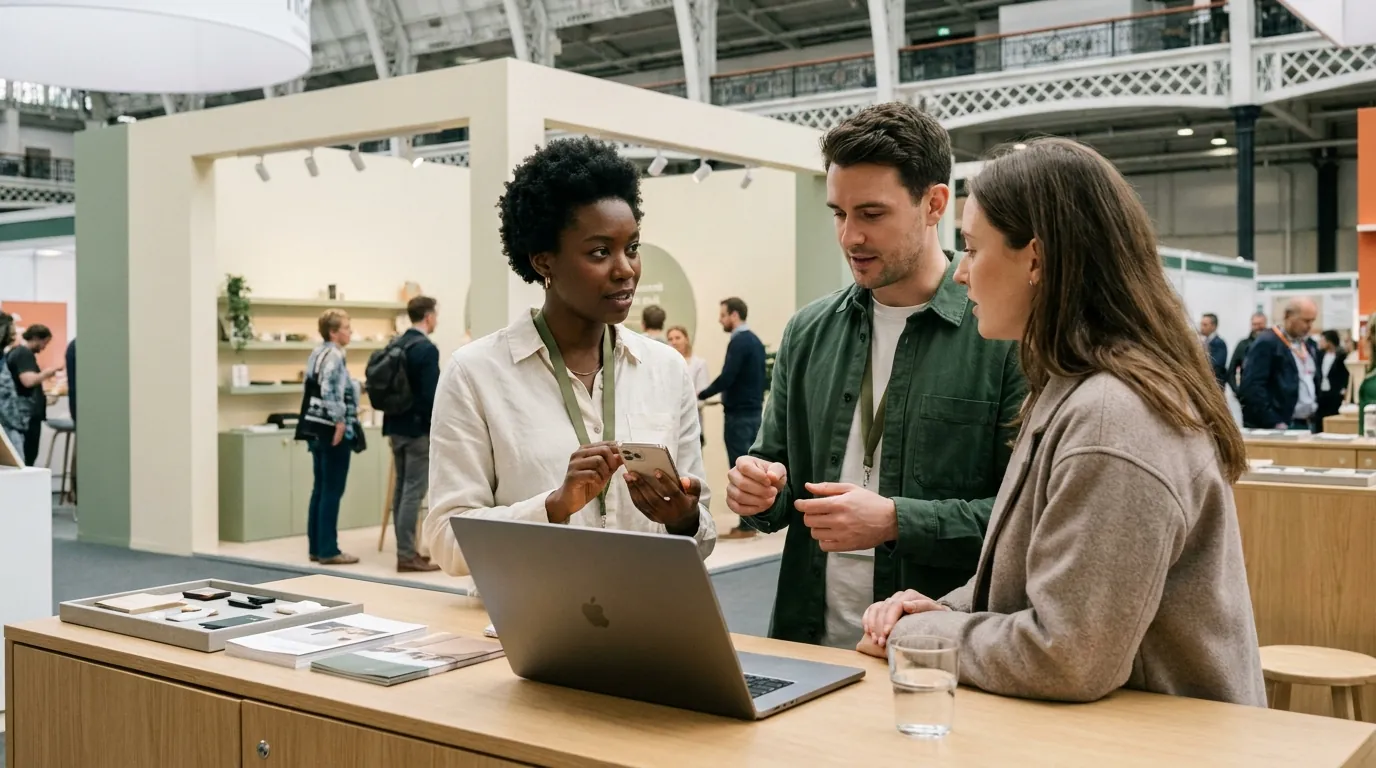 Three people talk at an exhibition stand, one holding a phone, with a laptop open on the counter