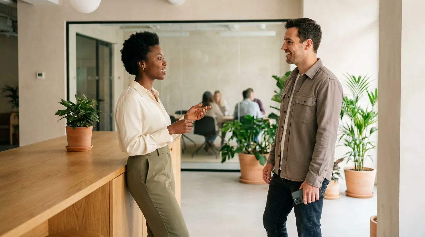 Two colleagues talking in a bright office with a meeting room behind them