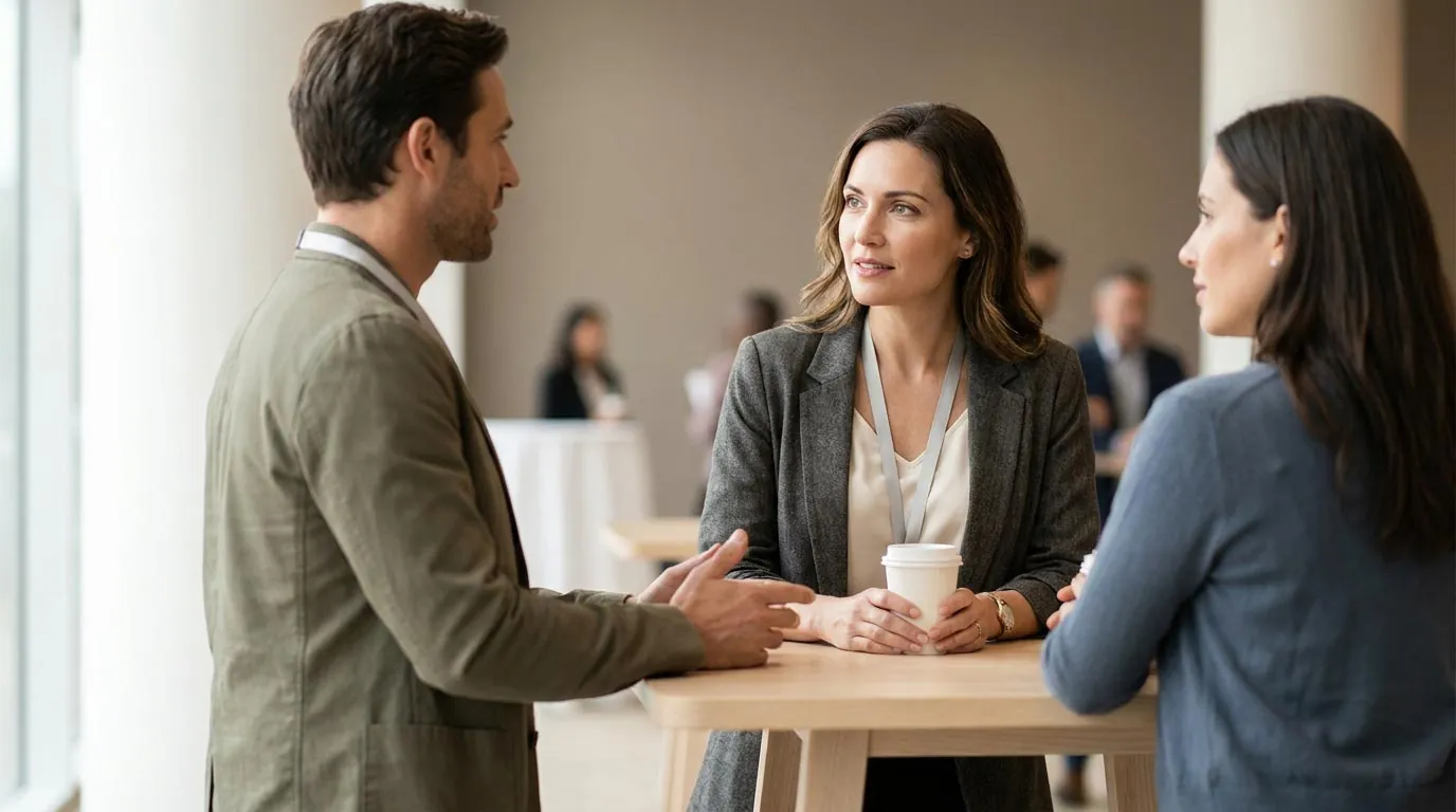 Professionals talking over coffee at a conference
