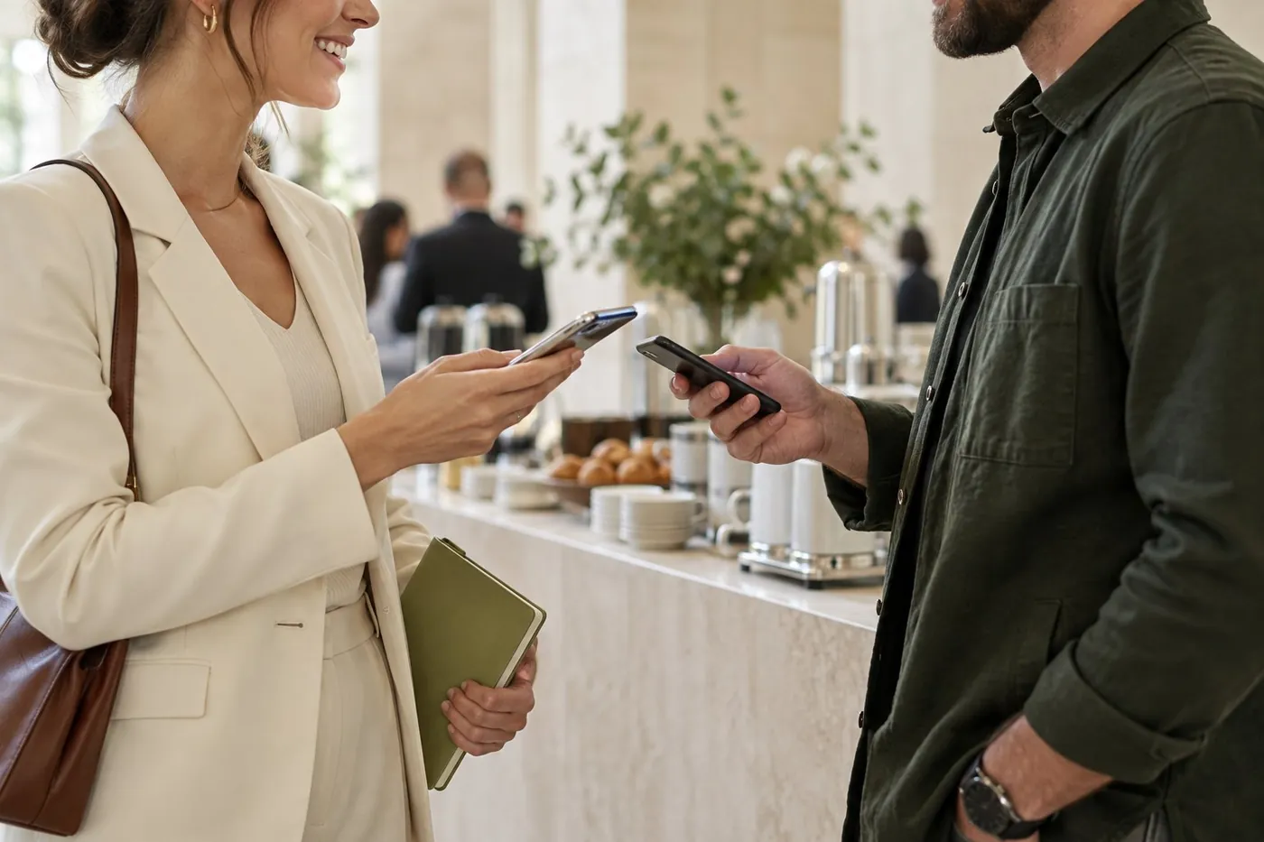 Two people at a coffee bar hold their phones up to share details