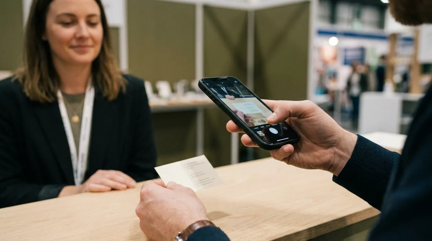 An exhibitor photographs a business card with a phone across the stand counter