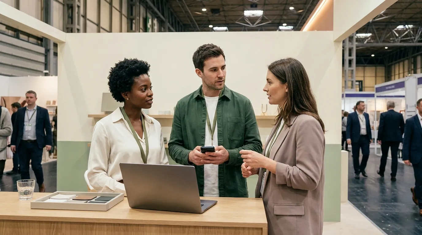 Three colleagues talking together at their exhibition stand