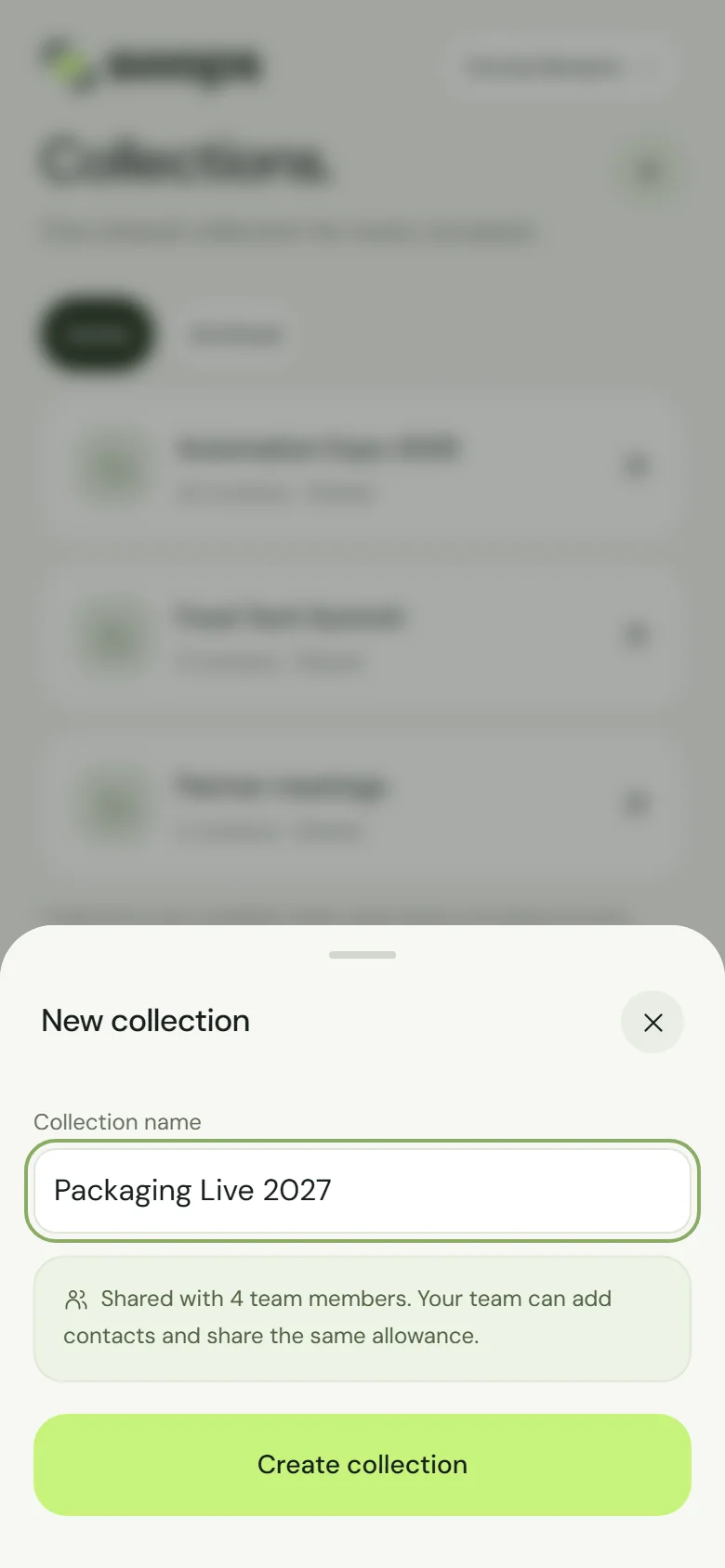 The New collection sheet in a company workspace