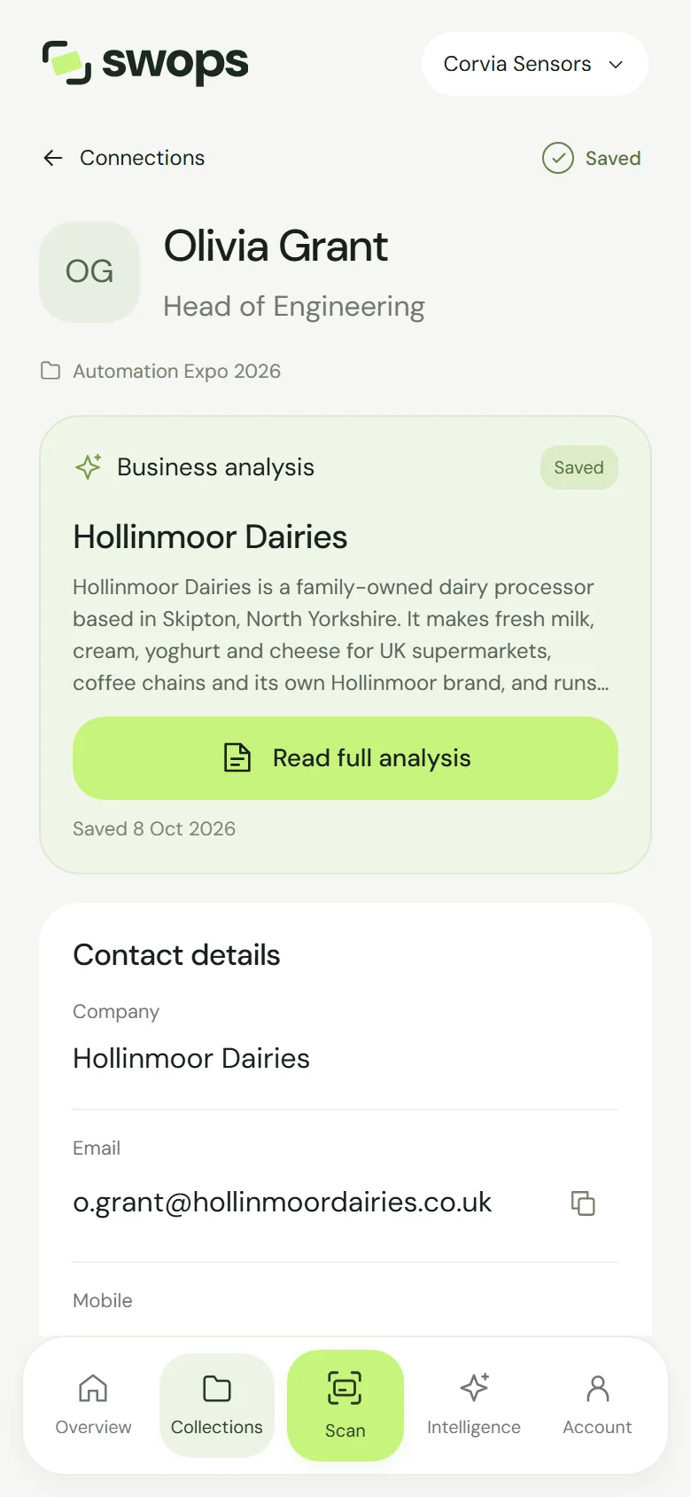 The top of a contact with its business analysis