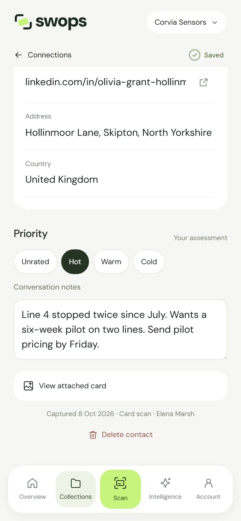 Priority chips and conversation notes on a contact