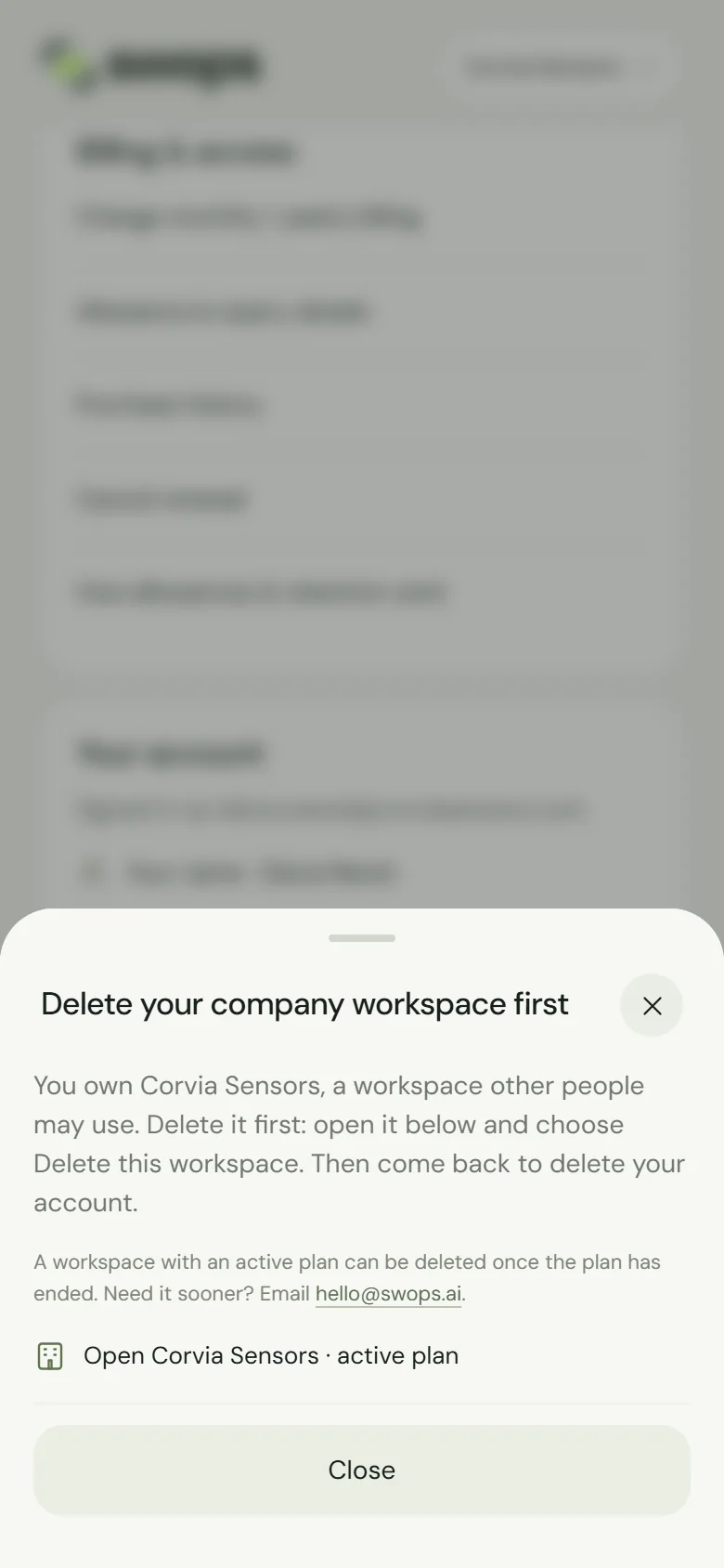 Delete your company workspace first