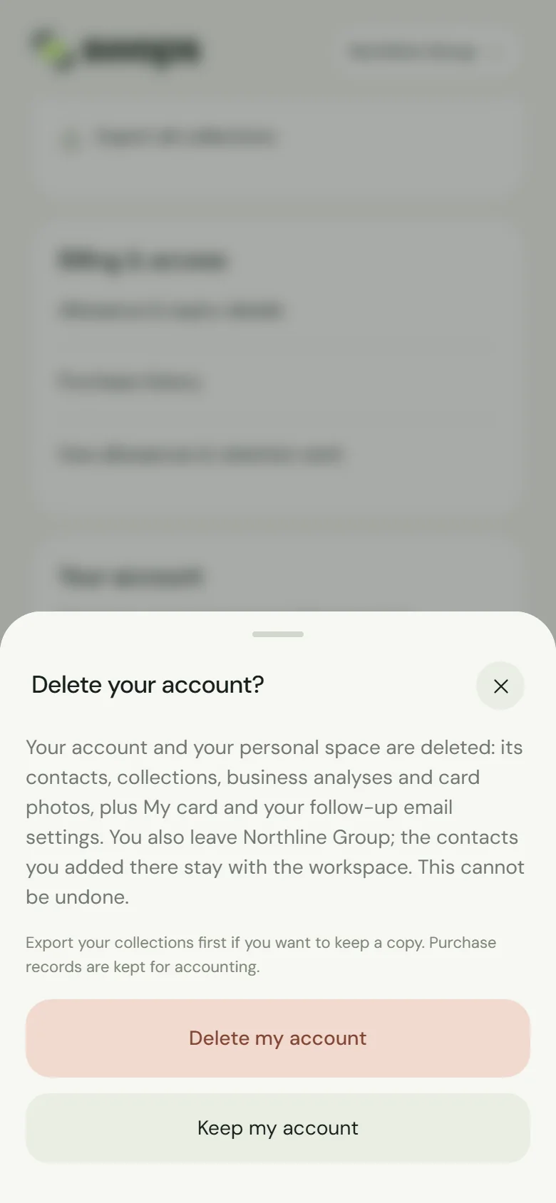 The Delete your account sheet for a team member