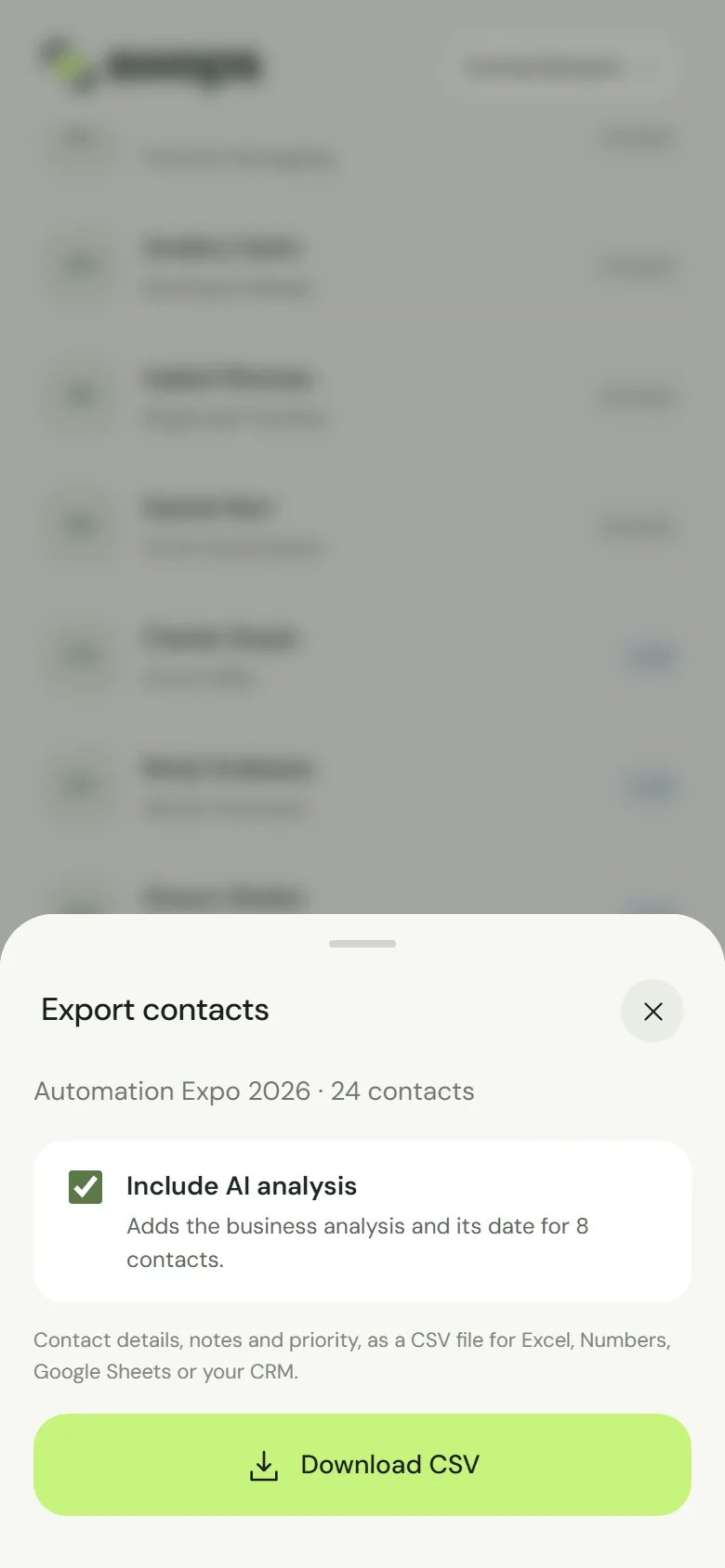 The Export contacts sheet with Include AI analysis ticked