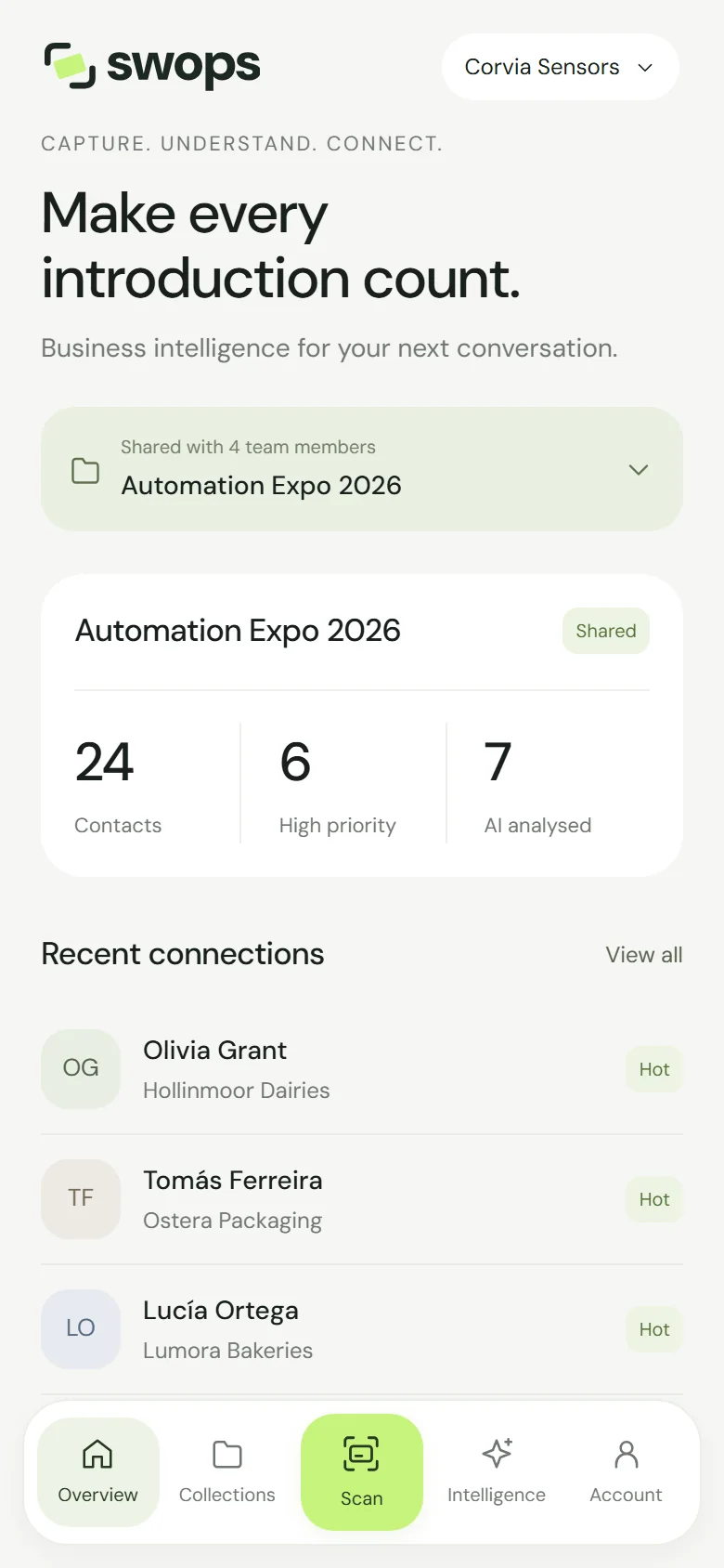 The Overview screen with the current collection and recent connections