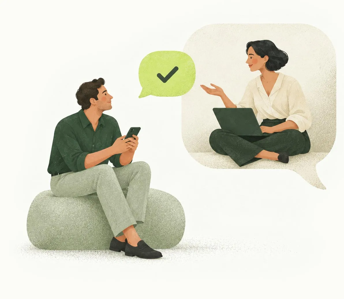 Illustration of a man with a phone and a woman with a laptop chatting, a green tick in a speech bubble between them