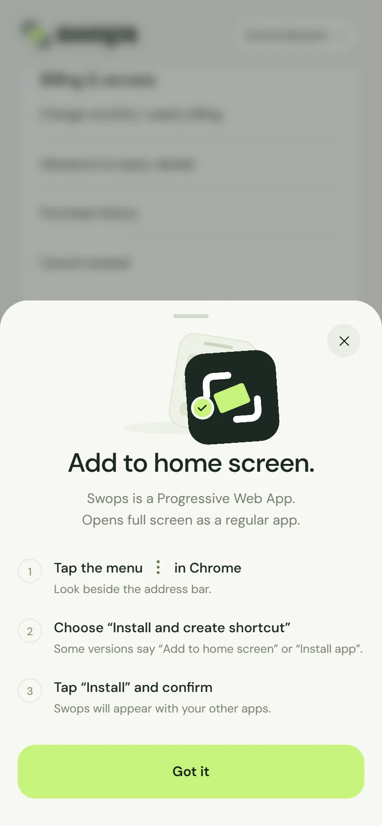 The add-to-home-screen guide on Android