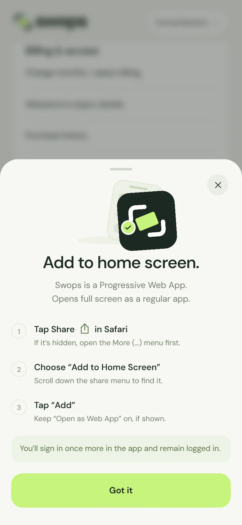 The add-to-home-screen guide on an iPhone