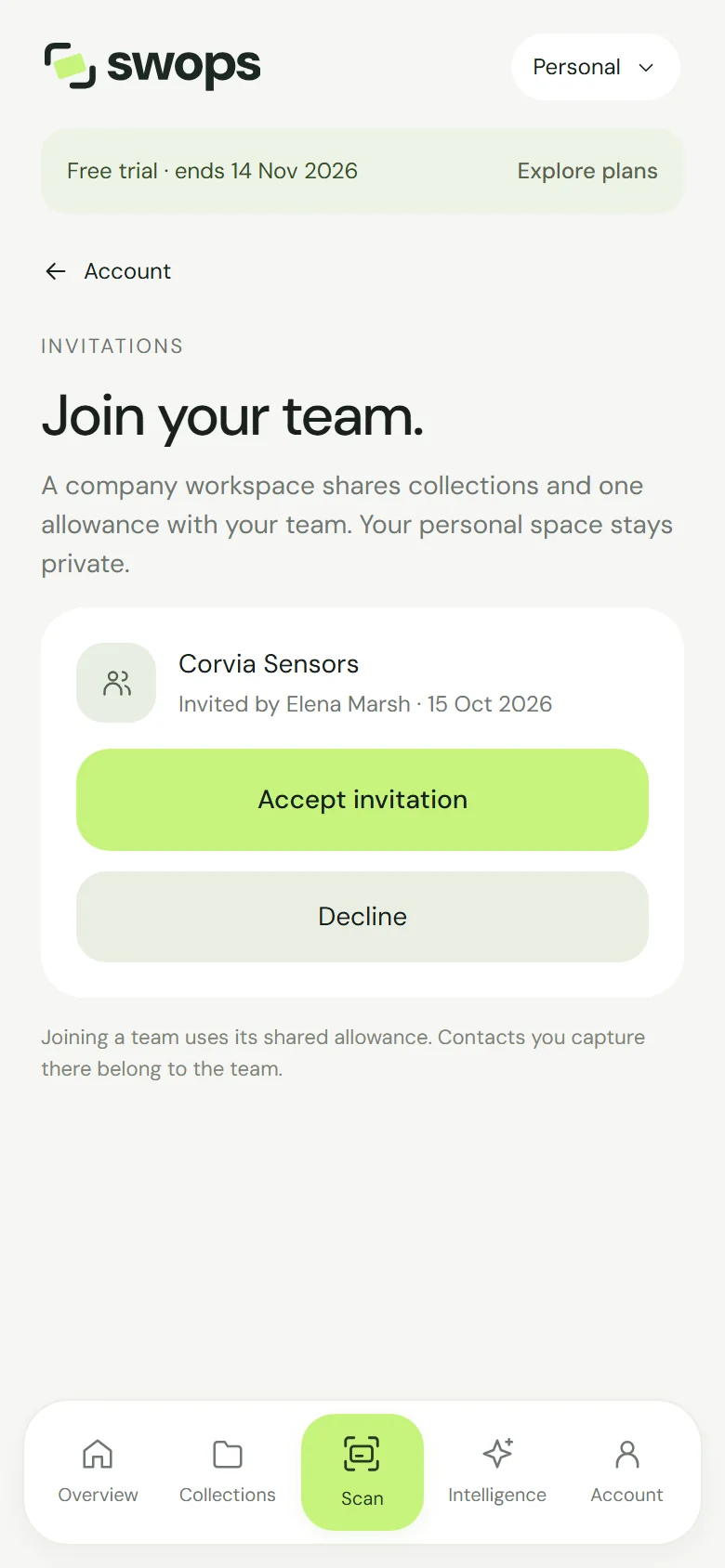 The invitations screen