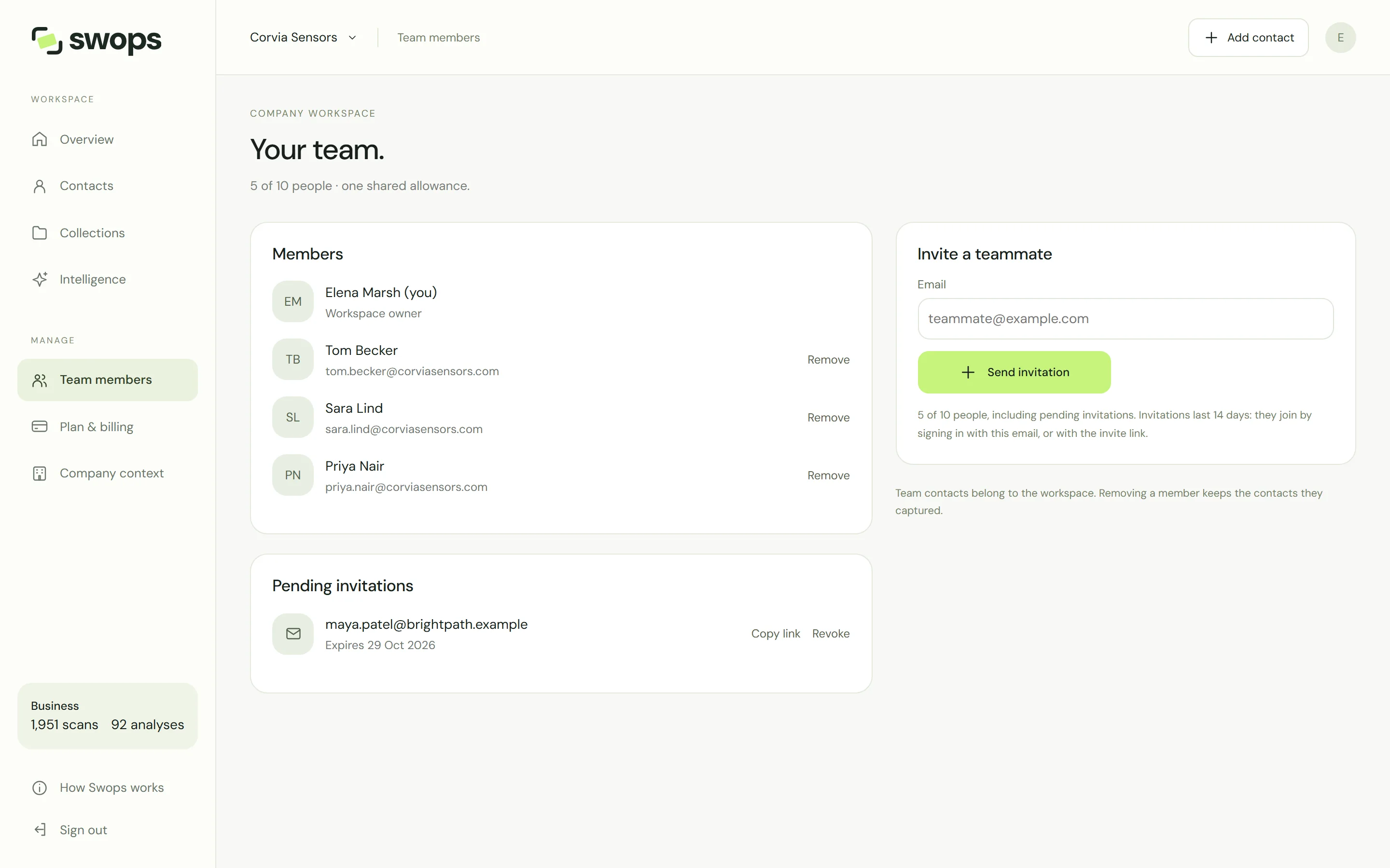 The Team members page on the laptop