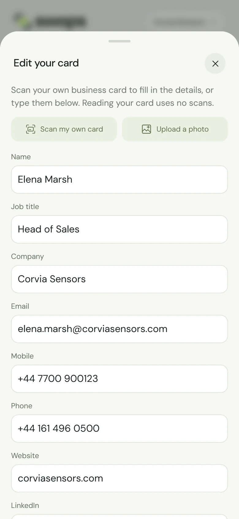 The card editor filled in