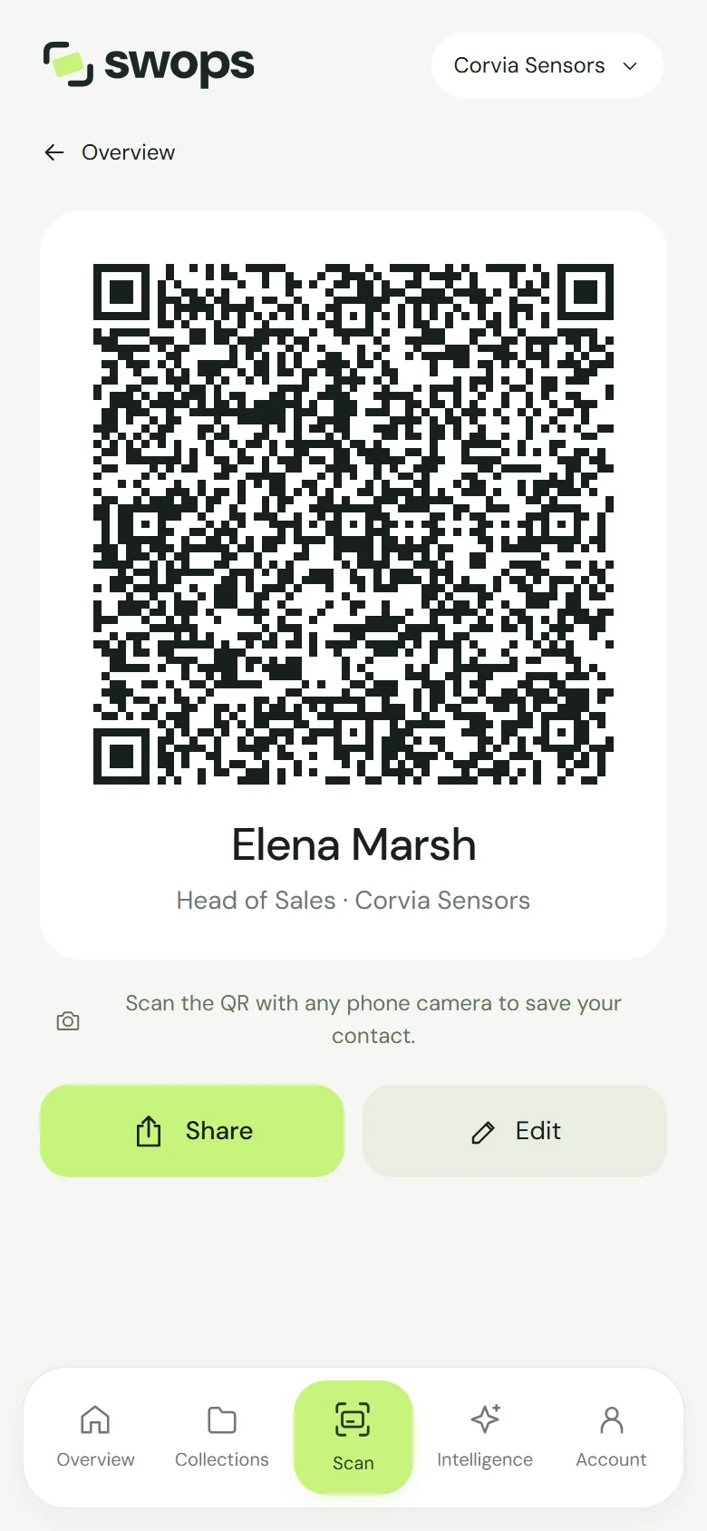 My card with its QR code