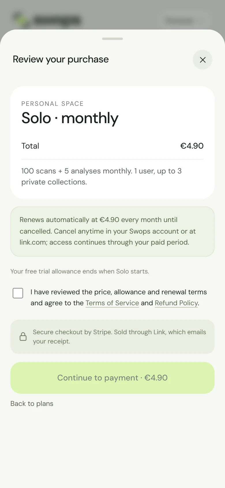The review step for Solo, monthly
