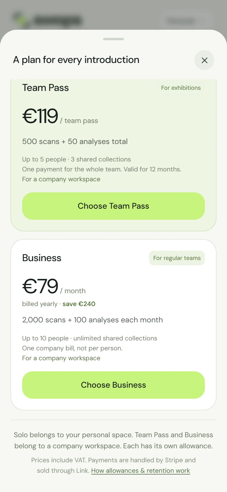 Team Pass and Business in the Plans sheet, billed yearly