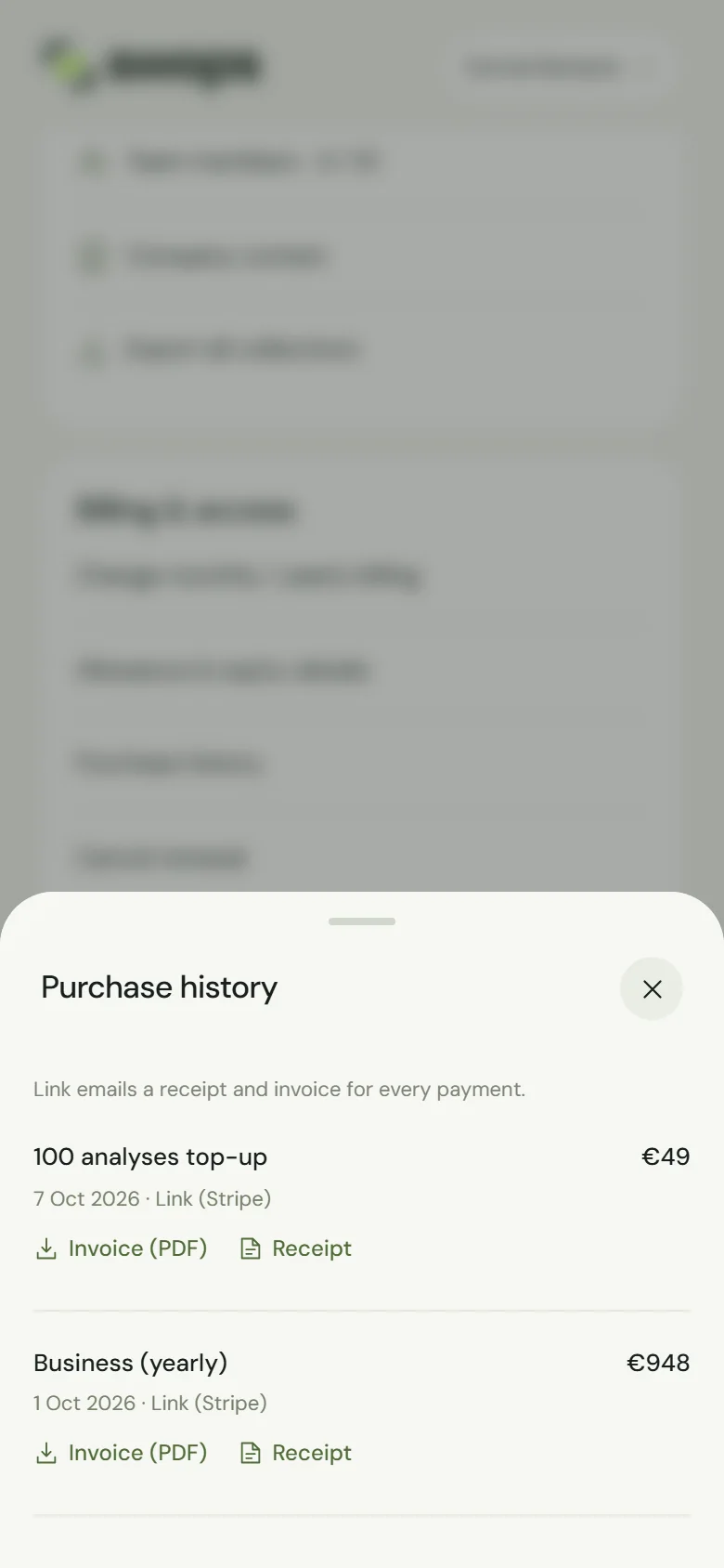 Purchase history with invoice and receipt buttons