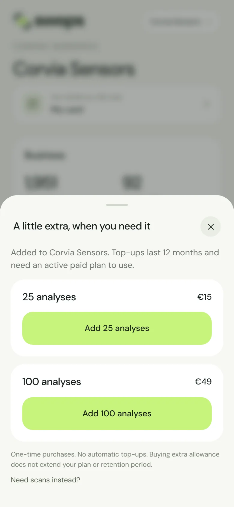 The top-up sheet with analysis options