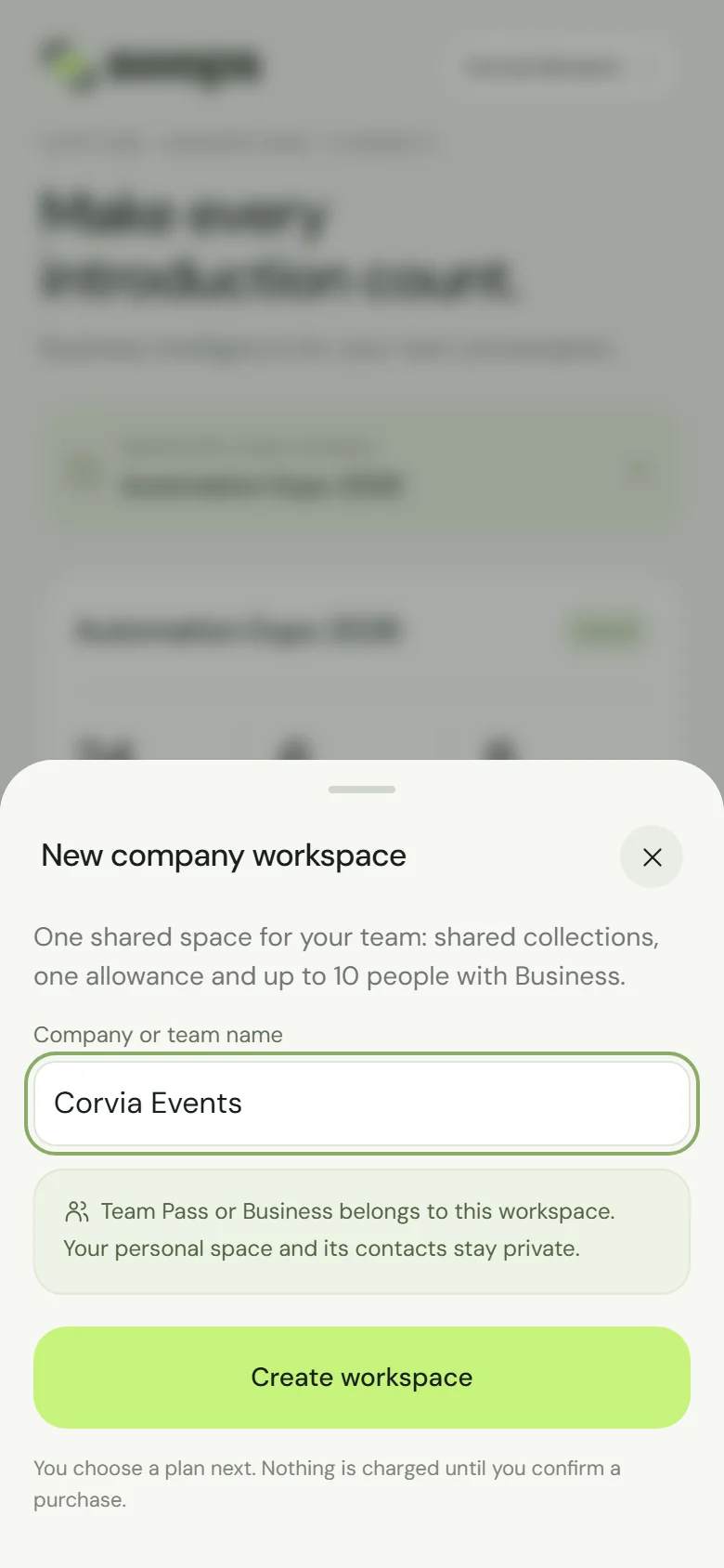 The New company workspace sheet