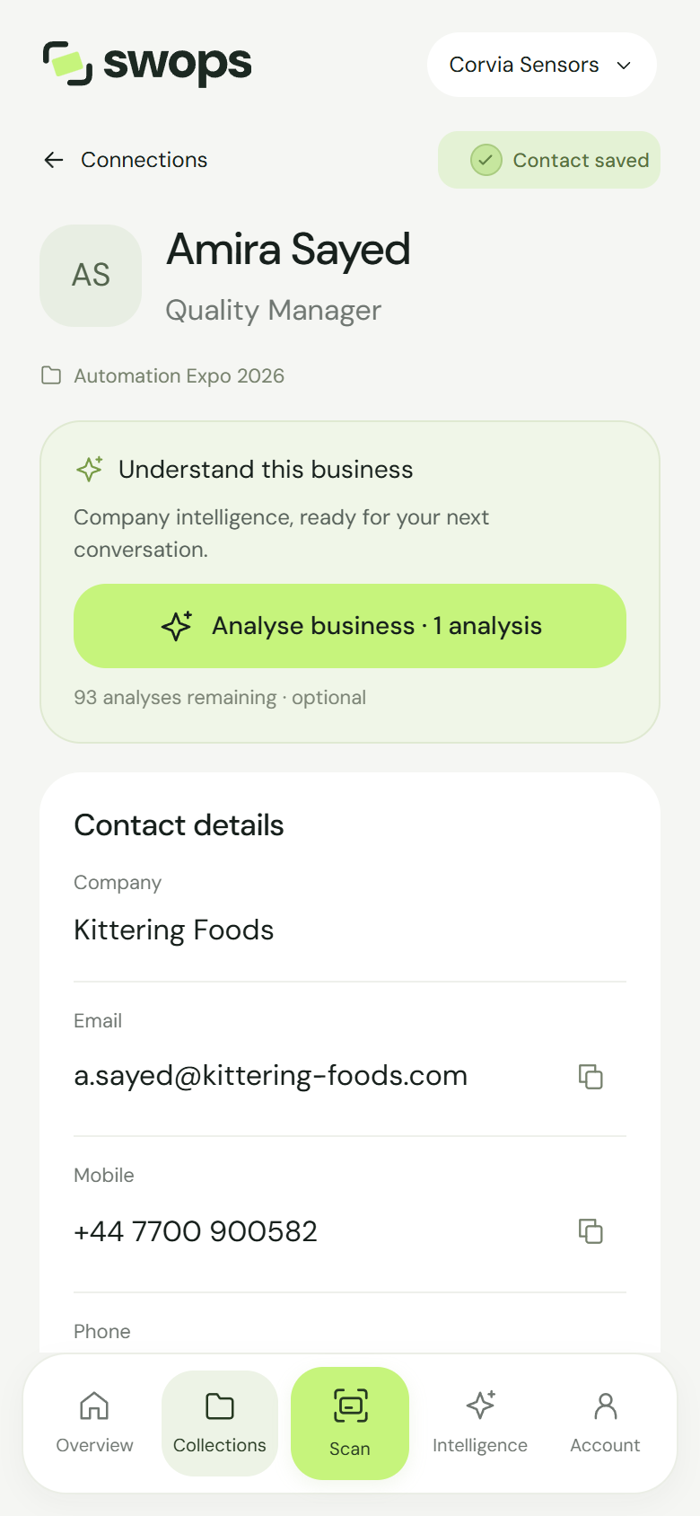 Swops contact screen showing a saved event contact, contact details and the Analyse business button